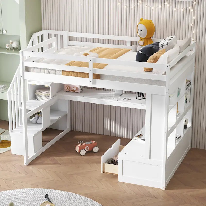 Cama alta tamaño Full con escritorio y estantes, dos cajones integrados y escalera de almacenamiento