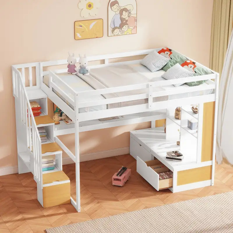 Cama alta tamaño Full con escritorio y estantes, dos cajones integrados y escalera de almacenamiento