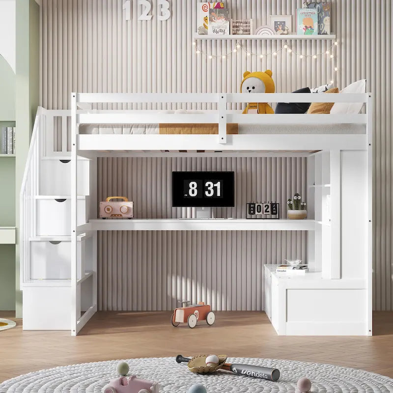 Cama alta tamaño Full con escritorio y estantes, dos cajones integrados y escalera de almacenamiento