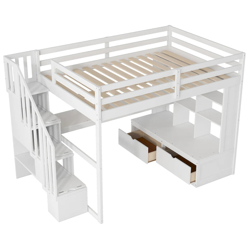 Cama alta tamaño Full con escritorio y estantes, dos cajones integrados y escalera de almacenamiento