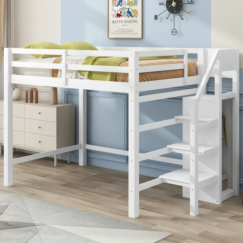 Cama alta tamaño Full con armario de almacenamiento integrado y escalera