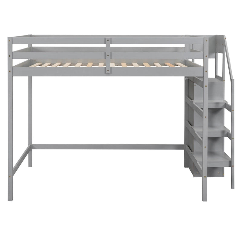 Full Size Loft Bed with Built-in Storage Wardrobe and Staircase