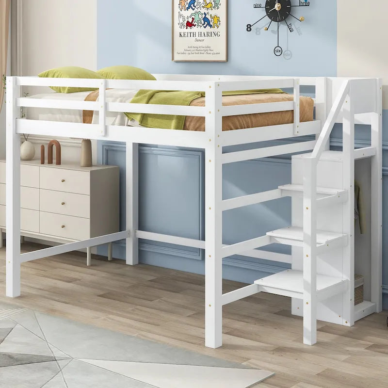 Cama alta tamaño Full con armario de almacenamiento integrado y escalera