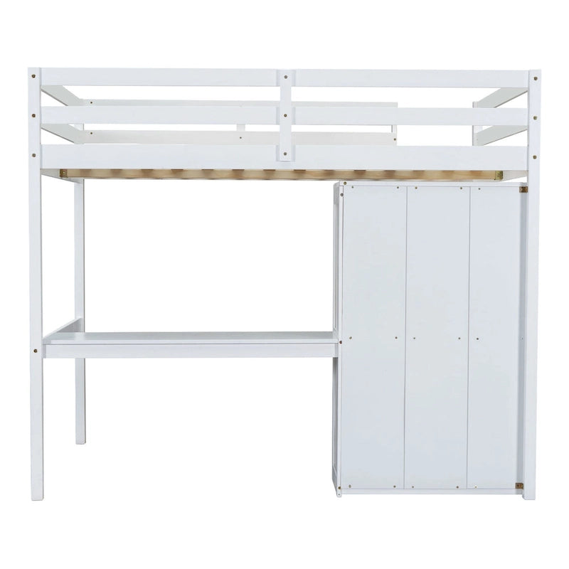 Wood Full Size Loft Bed with Built-in Wardrobe, Desk, Storage Shelves and Drawers
