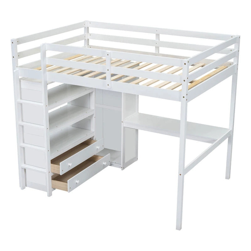 Cama alta de madera tamaño Full con armario integrado, escritorio, estantes de almacenamiento y cajones