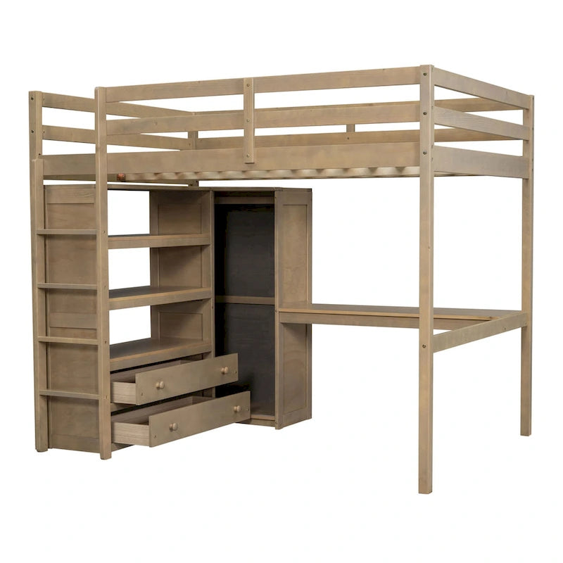 Cama alta de madera tamaño Full con armario integrado, escritorio, estantes de almacenamiento y cajones