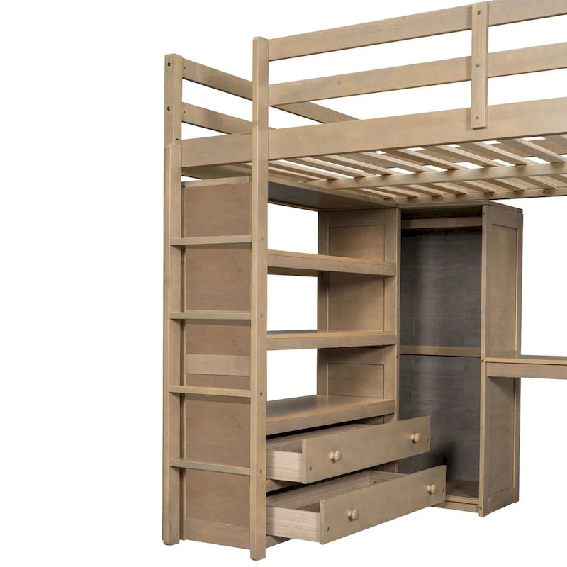 Cama alta de madera tamaño Full con armario integrado, escritorio, estantes de almacenamiento y cajones