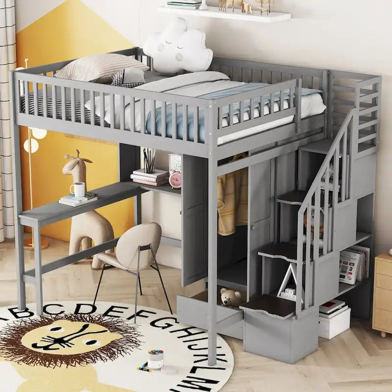 Cama alta de tamaño Full con estantería, cajones, escritorio y armario