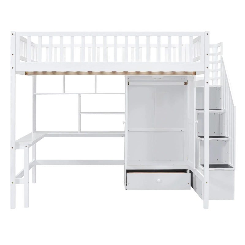 Full size Loft Bed with Bookshelf,Drawers,Desk,and Wardrobe