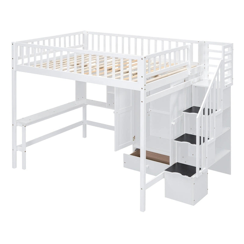 Cama alta de tamaño Full con estantería, cajones, escritorio y armario
