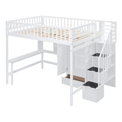 Hochbett in voller Größe mit Bücherregal, Schubladen, Schreibtisch und Kleiderschrank