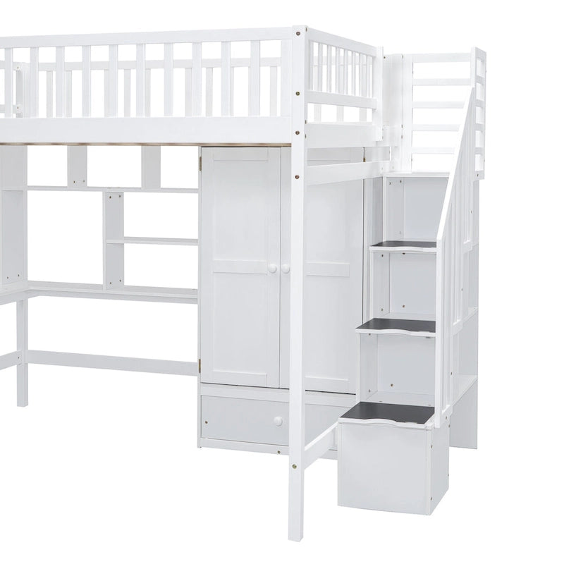 Full size Loft Bed with Bookshelf,Drawers,Desk,and Wardrobe