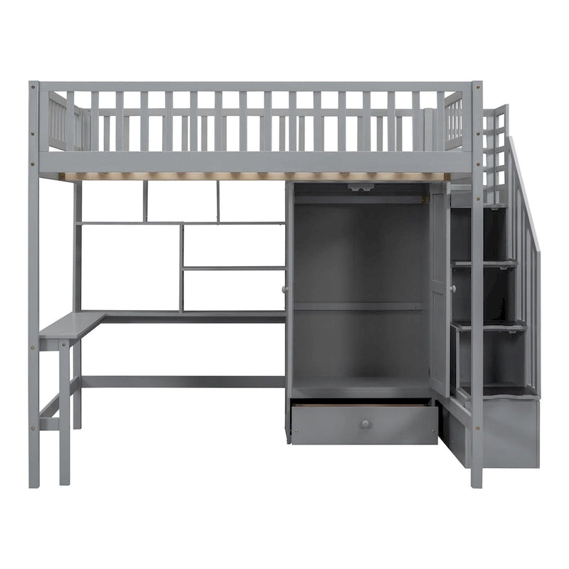 Full size Loft Bed with Bookshelf,Drawers,Desk,and Wardrobe