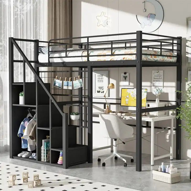 Cama alta metálica con escalera de almacenamiento y armario pequeño, estructura de cama alta Twin con rejilla metálica y barandillas para niños