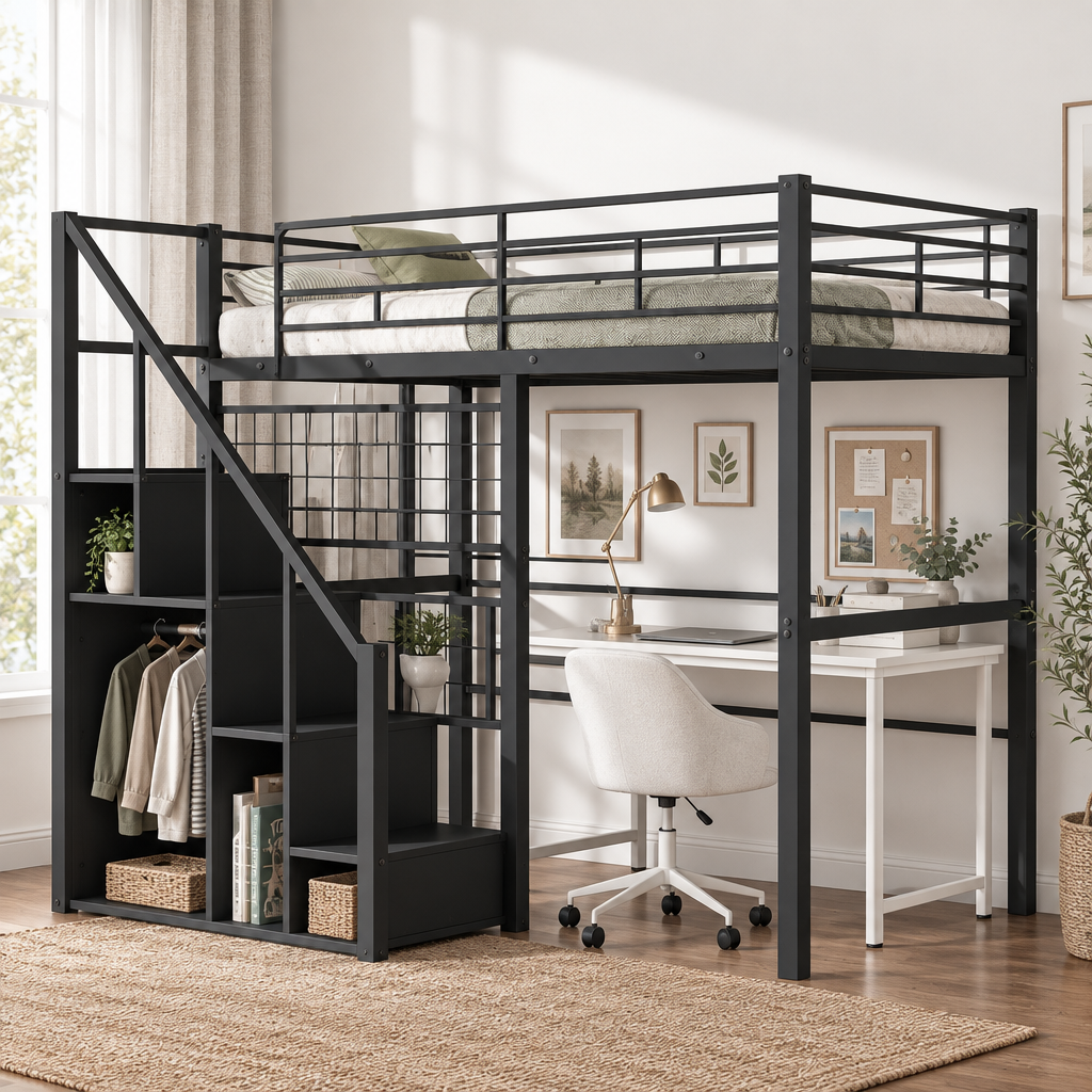 Cama alta metálica con escalera de almacenamiento y armario pequeño, estructura de cama alta Twin con rejilla metálica y barandillas para niños