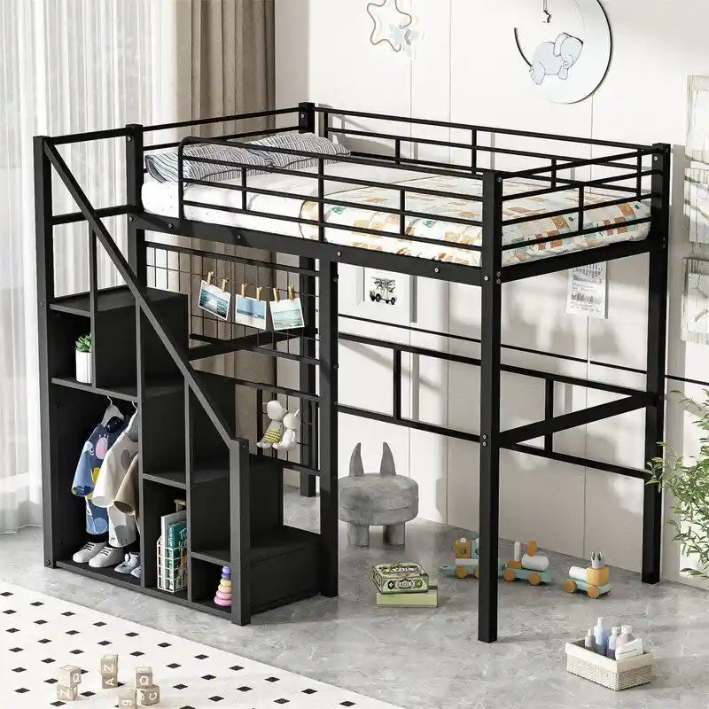 Cama alta metálica con escalera de almacenamiento y armario pequeño, estructura de cama alta Twin con rejilla metálica y barandillas para niños