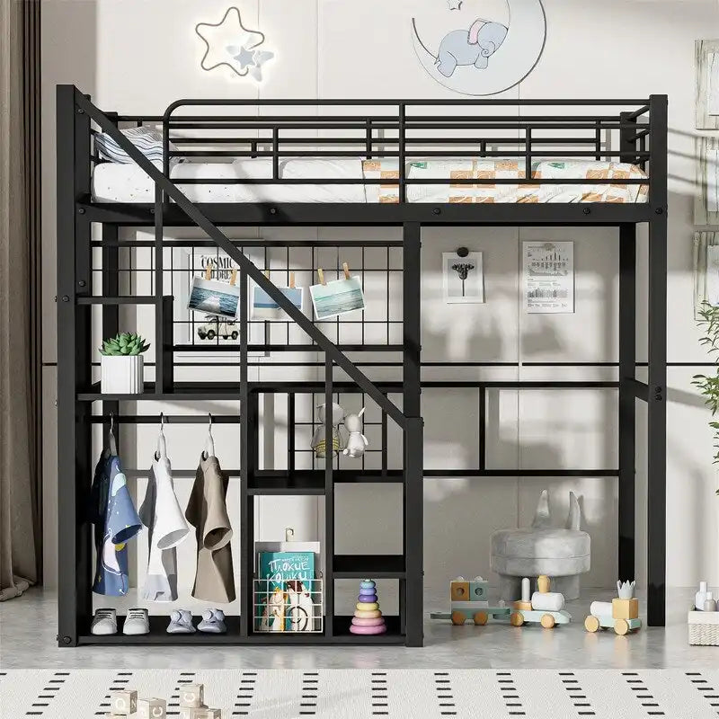 Cama alta metálica con escalera de almacenamiento y armario pequeño, estructura de cama alta Twin con rejilla metálica y barandillas para niños