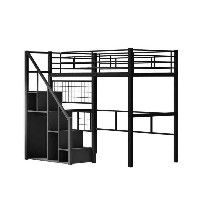 Cama alta metálica con escalera de almacenamiento y armario pequeño, estructura de cama alta Twin con rejilla metálica y barandillas para niños