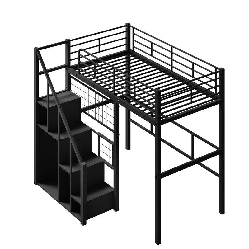 Cama alta metálica con escalera de almacenamiento y armario pequeño, estructura de cama alta Twin con rejilla metálica y barandillas para niños