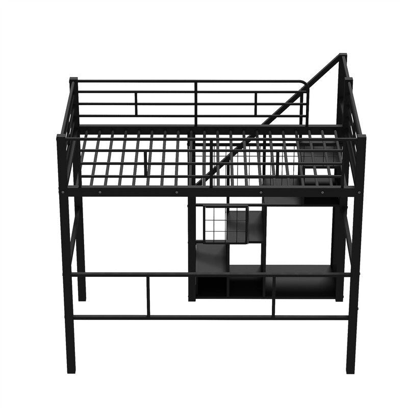 Cama alta metálica con escalera de almacenamiento y armario pequeño, estructura de cama alta Twin con rejilla metálica y barandillas para niños