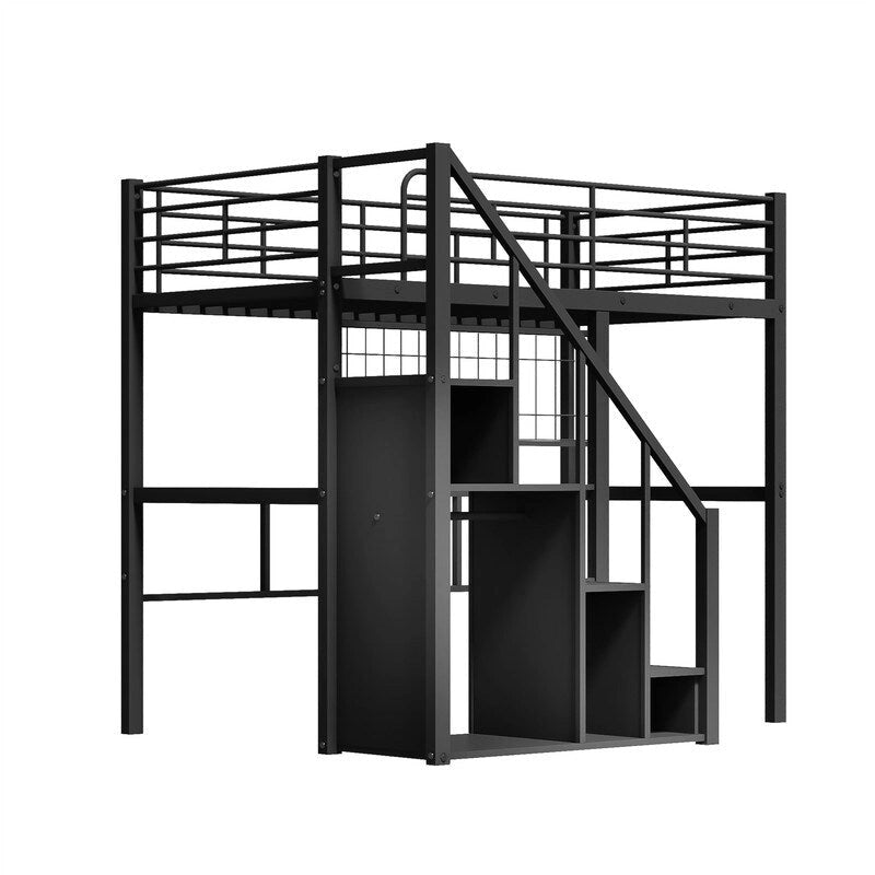 Cama alta metálica con escalera de almacenamiento y armario pequeño, estructura de cama alta Twin con rejilla metálica y barandillas para niños