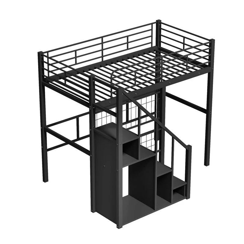 Cama alta metálica con escalera de almacenamiento y armario pequeño, estructura de cama alta Twin con rejilla metálica y barandillas para niños