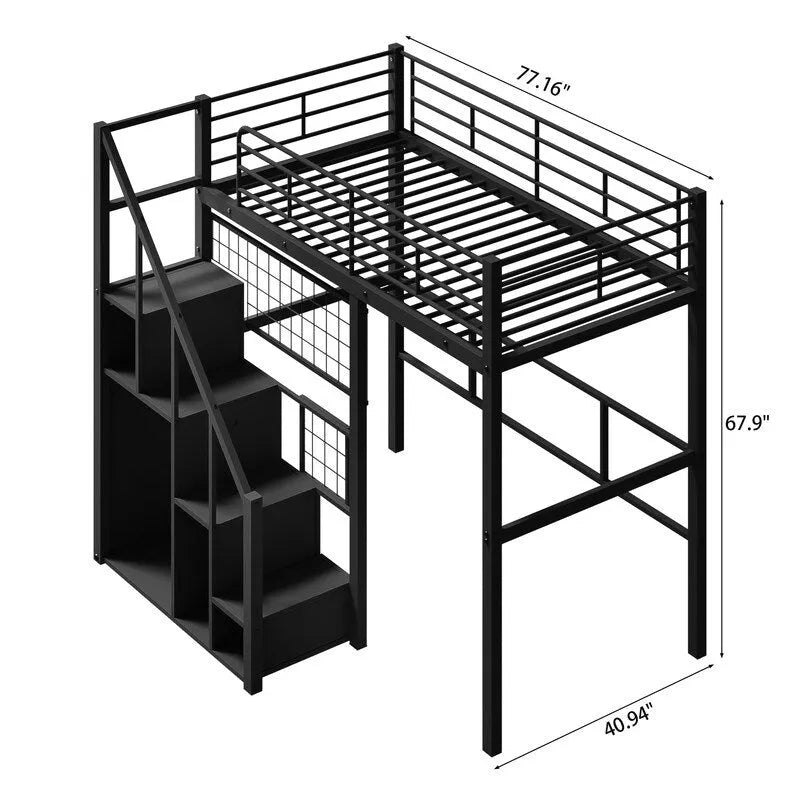 Cama alta metálica con escalera de almacenamiento y armario pequeño, estructura de cama alta Twin con rejilla metálica y barandillas para niños