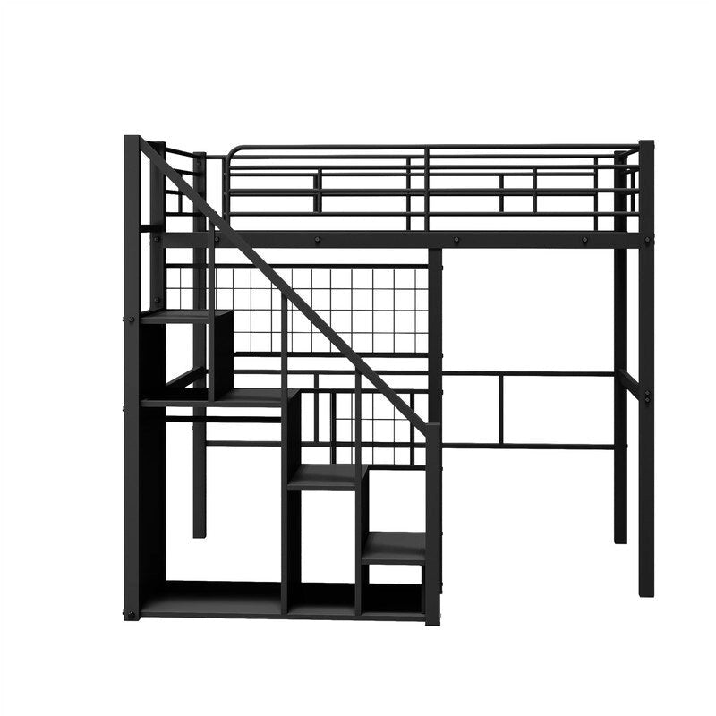 Cama alta metálica con escalera de almacenamiento y armario pequeño, estructura de cama alta Twin con rejilla metálica y barandillas para niños