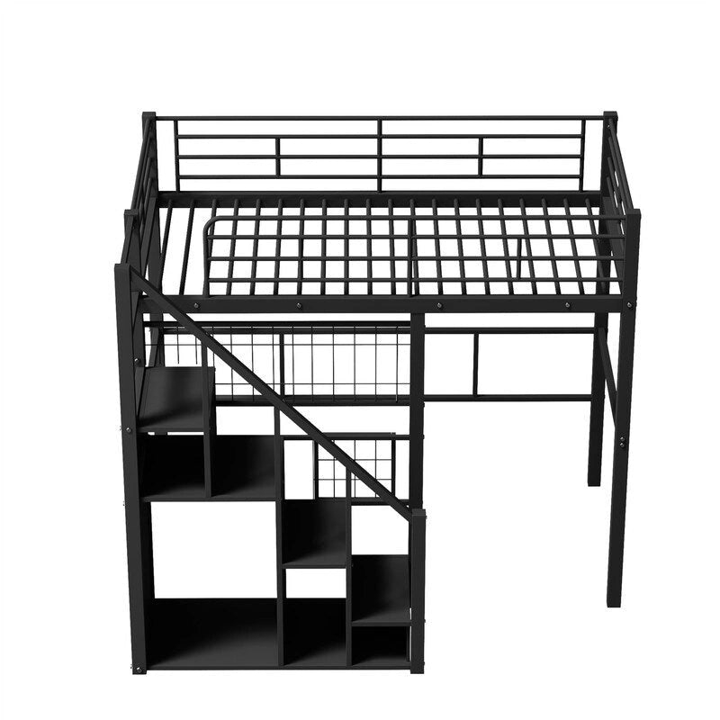Cama alta metálica con escalera de almacenamiento y armario pequeño, estructura de cama alta Twin con rejilla metálica y barandillas para niños