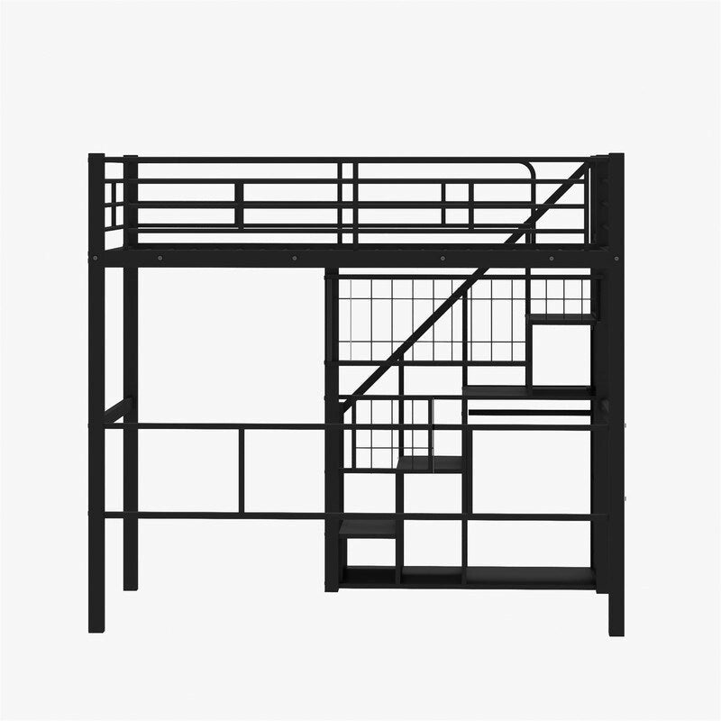 Cama alta metálica con escalera de almacenamiento y armario pequeño, estructura de cama alta Twin con rejilla metálica y barandillas para niños