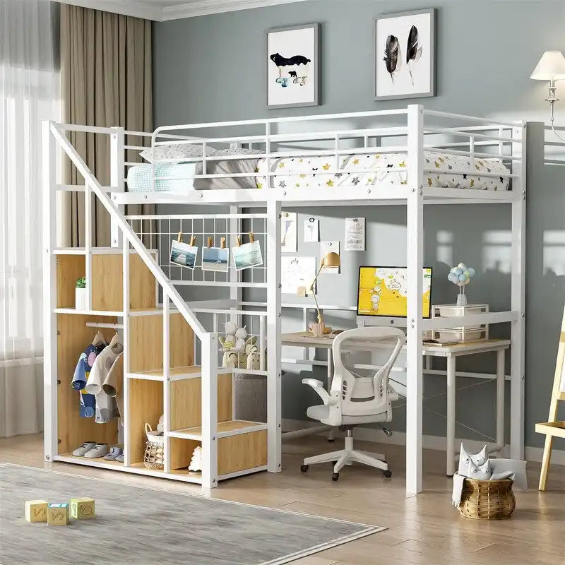 Cama alta metálica con escalera de almacenamiento y armario pequeño, estructura de cama alta Twin con rejilla metálica y barandillas para niños