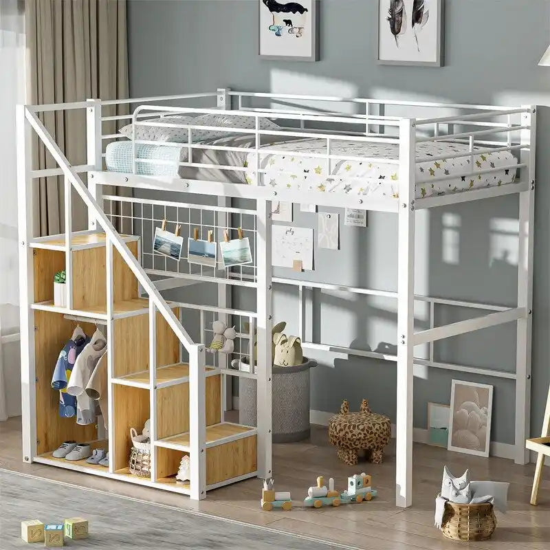 Cama alta metálica con escalera de almacenamiento y armario pequeño, estructura de cama alta Twin con rejilla metálica y barandillas para niños