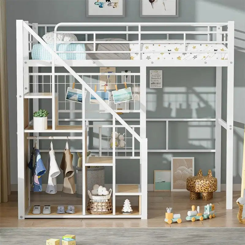 Cama alta metálica con escalera de almacenamiento y armario pequeño, estructura de cama alta Twin con rejilla metálica y barandillas para niños