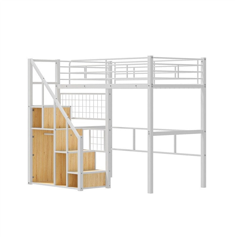Cama alta metálica con escalera de almacenamiento y armario pequeño, estructura de cama alta Twin con rejilla metálica y barandillas para niños