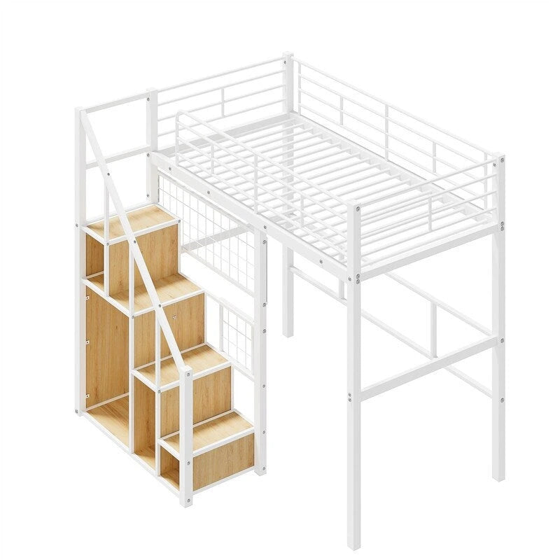 Cama alta metálica con escalera de almacenamiento y armario pequeño, estructura de cama alta Twin con rejilla metálica y barandillas para niños