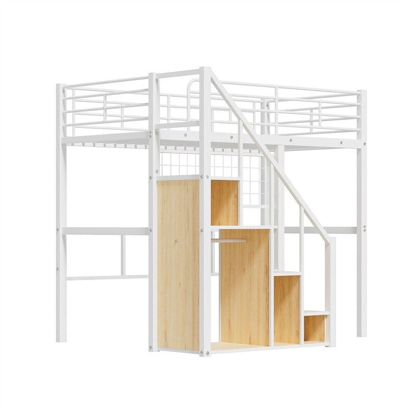Cama alta metálica con escalera de almacenamiento y armario pequeño, estructura de cama alta Twin con rejilla metálica y barandillas para niños