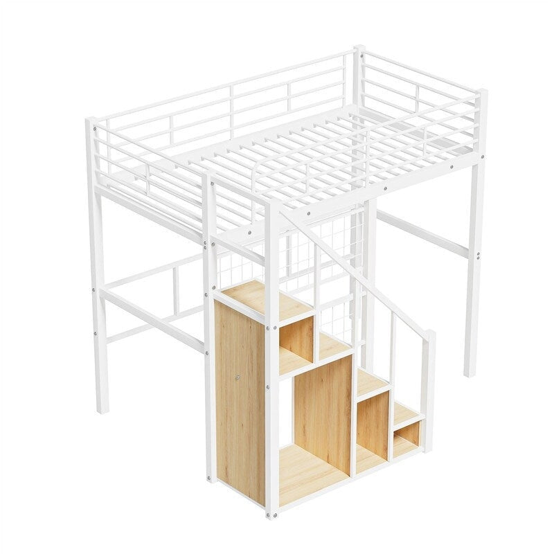 Cama alta metálica con escalera de almacenamiento y armario pequeño, estructura de cama alta Twin con rejilla metálica y barandillas para niños