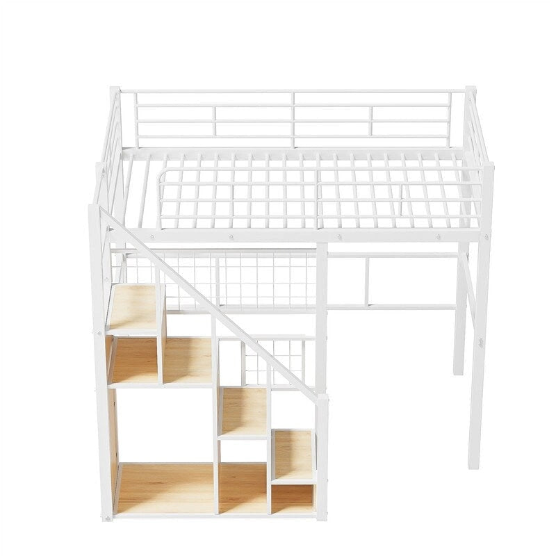 Cama alta metálica con escalera de almacenamiento y armario pequeño, estructura de cama alta Twin con rejilla metálica y barandillas para niños