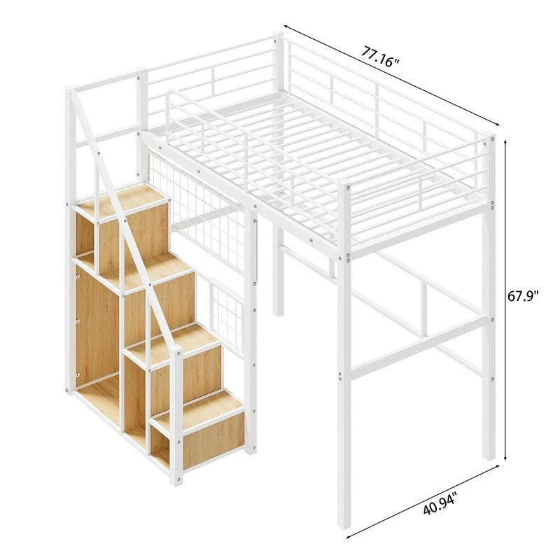 Cama alta metálica con escalera de almacenamiento y armario pequeño, estructura de cama alta Twin con rejilla metálica y barandillas para niños
