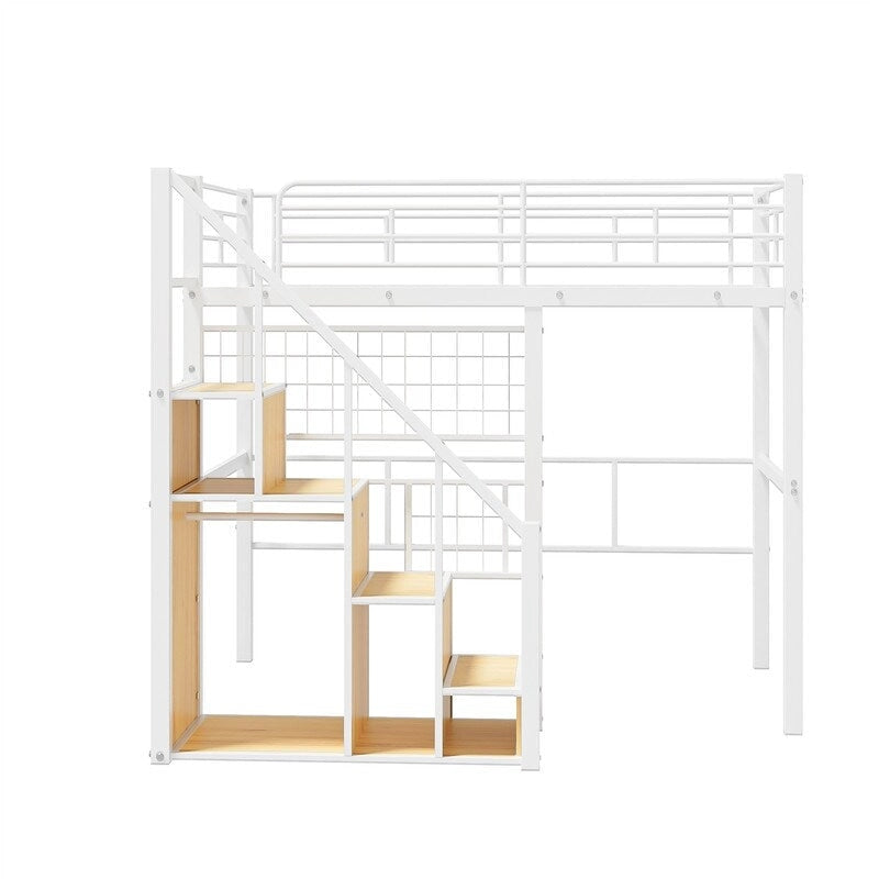 Cama alta metálica con escalera de almacenamiento y armario pequeño, estructura de cama alta Twin con rejilla metálica y barandillas para niños