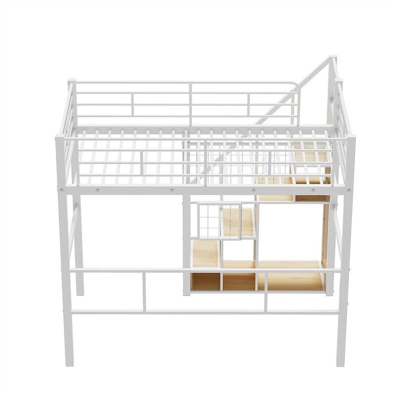 Cama alta metálica con escalera de almacenamiento y armario pequeño, estructura de cama alta Twin con rejilla metálica y barandillas para niños