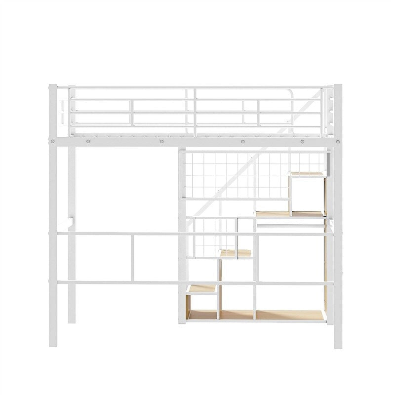 Cama alta metálica con escalera de almacenamiento y armario pequeño, estructura de cama alta Twin con rejilla metálica y barandillas para niños