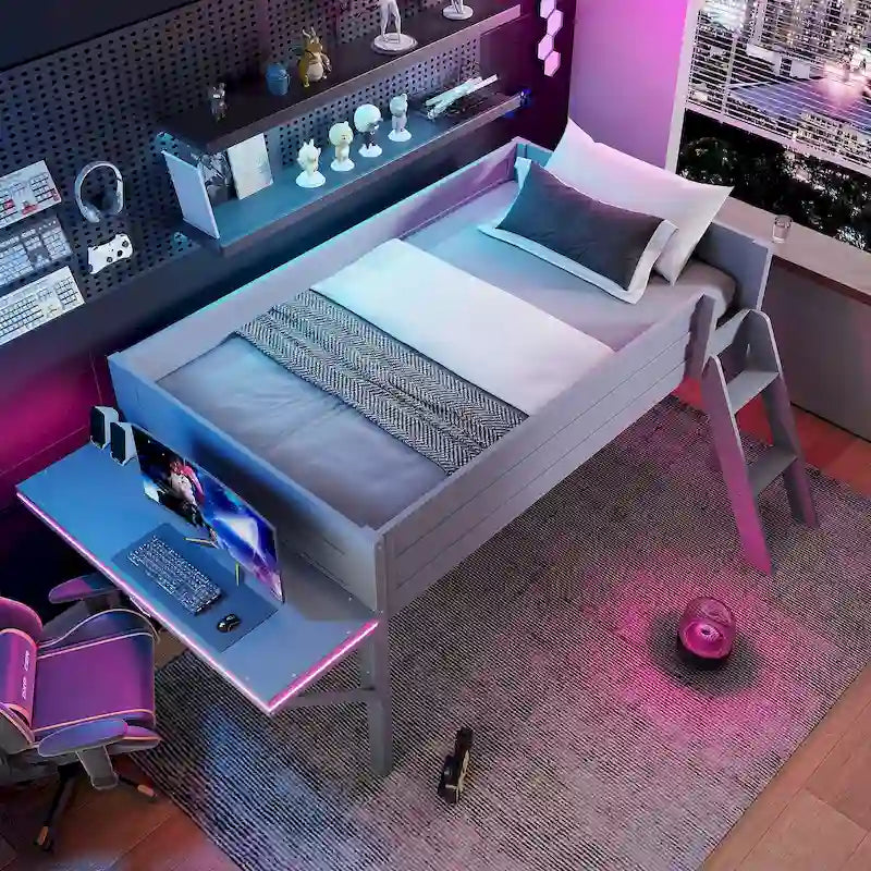 Cama alta de madera Twin con escritorio LED