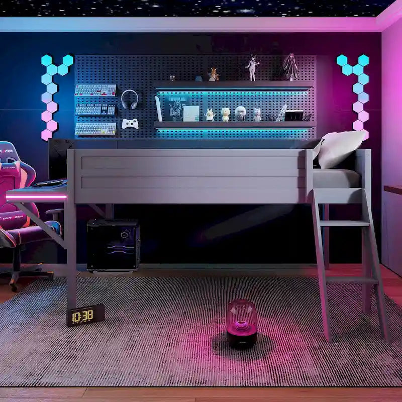 Cama alta de madera Twin con escritorio LED