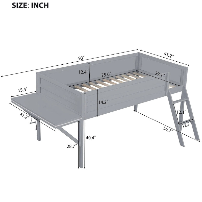Cama alta de madera Twin con escritorio LED