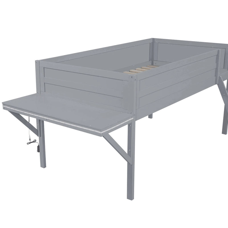 Cama alta de madera Twin con escritorio LED