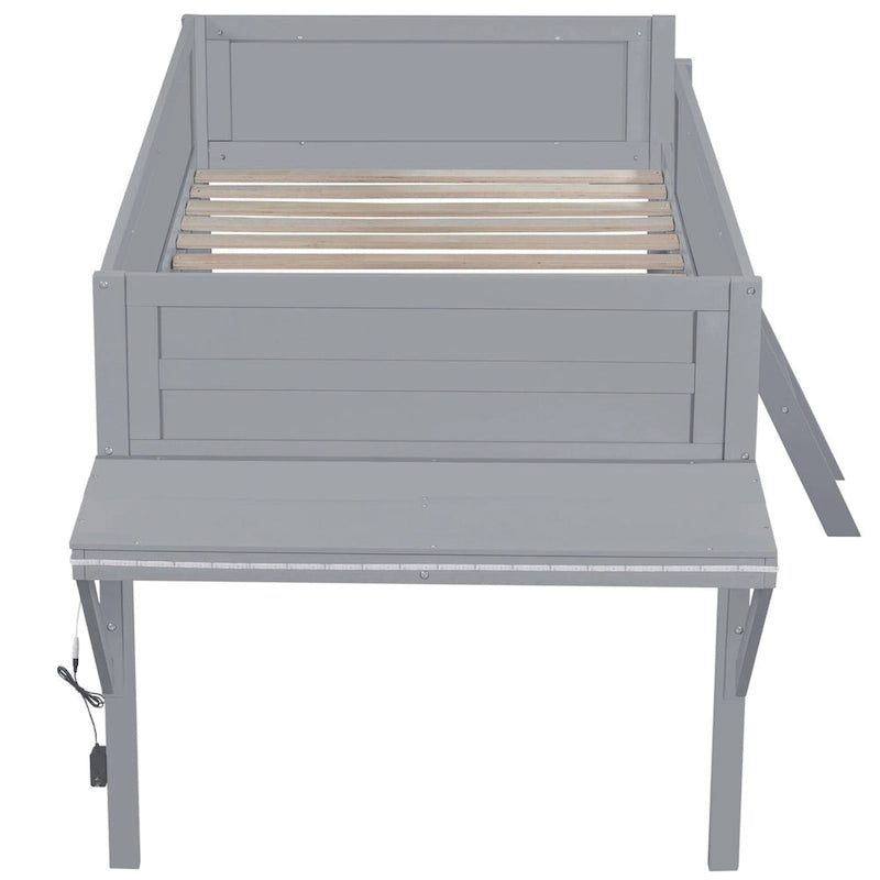 Cama alta de madera Twin con escritorio LED