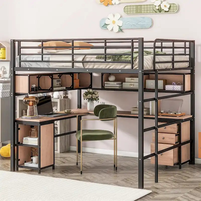 Metall-Hochbett mit Bücherregal, Schreibtisch und Schrank