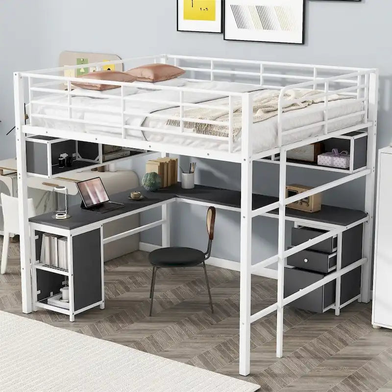 Metall-Hochbett mit Bücherregal, Schreibtisch und Schrank