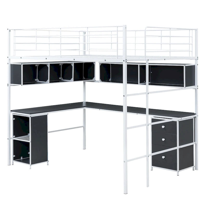 Metall-Hochbett mit Bücherregal, Schreibtisch und Schrank